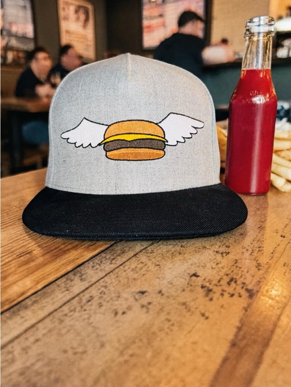 Bobs Burgers Snapback Hat Gray Black Flying Hamburger Flat Brim Mens Cap
